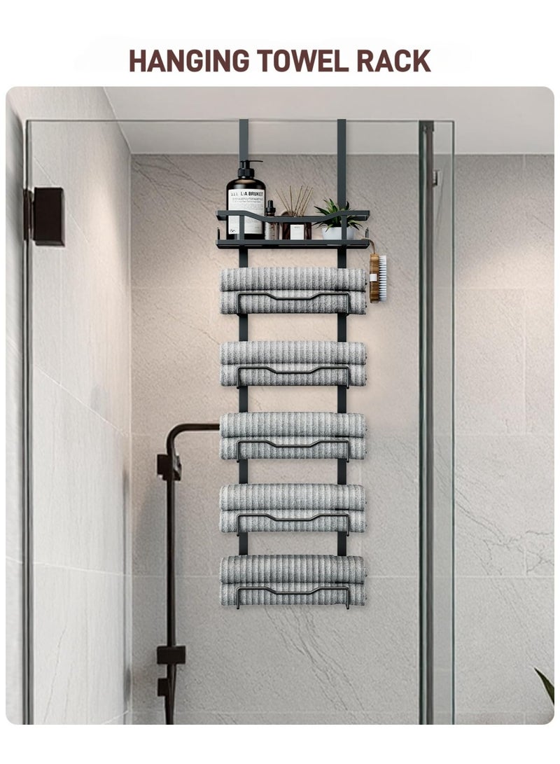 سوكاني رف مناشف ذو 6 طبقات للتعليق على الباب، حامل مناشف معلق بدون حفر مع سلة علوية، منظّم تخزين مناشف حمام موفر للمساحة للمساحات الصغيرة، الشقق، المنازل المتنقلة، باللون الأسود - Image 3