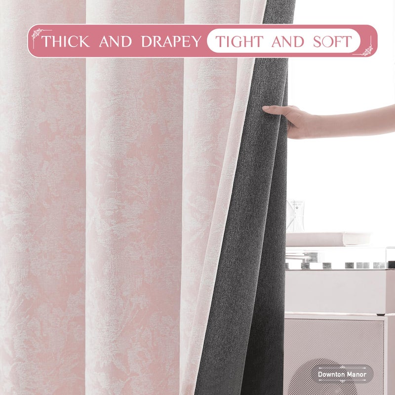 Beauoop Pink Floral Jacquard Blackout Curtains 84 Inches Long 2 Panels for Bedroom Living Room Chenille Flower Room Darkening Thermal Insulated Soundproof Grommet Window Treatments Drapes, 52x84 - Image 5