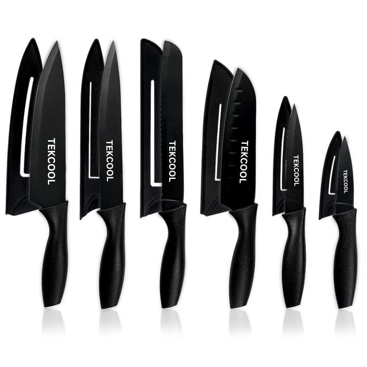 TEKCOOL TEKCOOL 6 Pcs Kitchen Knife Set with Covers High Carbon Stainless Steel Black Colour Coated Chef Knife I Utility Knife I Sontuku Knife I Bread Knife I Utility Knife I Paring Knife Black - Image 1