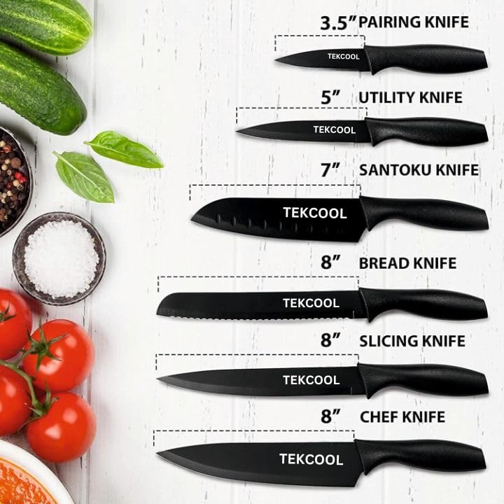 TEKCOOL TEKCOOL 6 Pcs Kitchen Knife Set with Covers High Carbon Stainless Steel Black Colour Coated Chef Knife I Utility Knife I Sontuku Knife I Bread Knife I Utility Knife I Paring Knife Black - Image 2