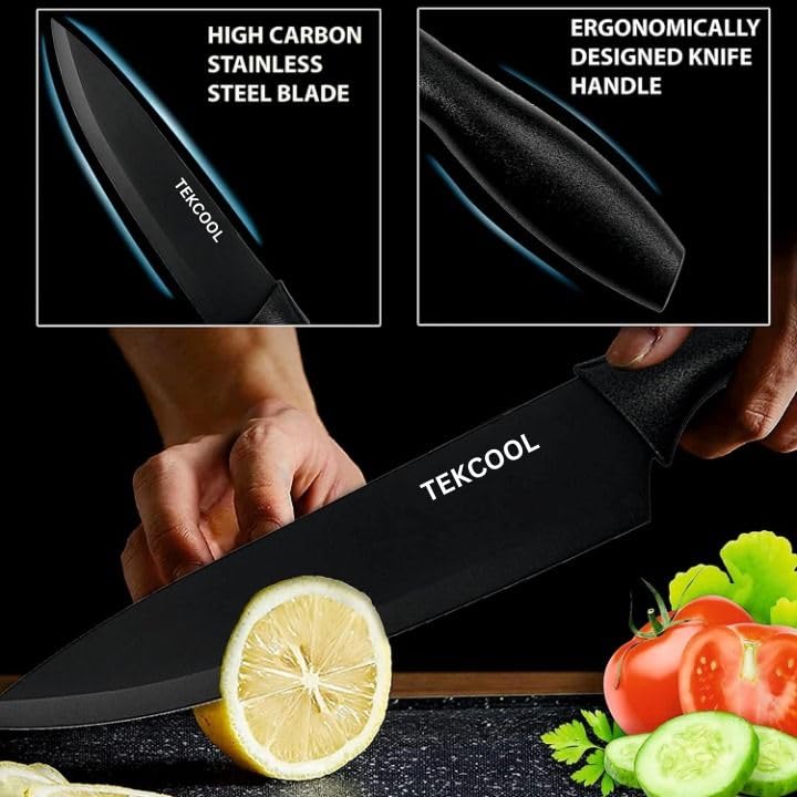 TEKCOOL TEKCOOL 6 Pcs Kitchen Knife Set with Covers High Carbon Stainless Steel Black Colour Coated Chef Knife I Utility Knife I Sontuku Knife I Bread Knife I Utility Knife I Paring Knife Black - Image 4