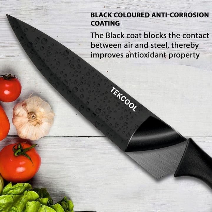 TEKCOOL TEKCOOL 6 Pcs Kitchen Knife Set with Covers High Carbon Stainless Steel Black Colour Coated Chef Knife I Utility Knife I Sontuku Knife I Bread Knife I Utility Knife I Paring Knife Black - Image 3