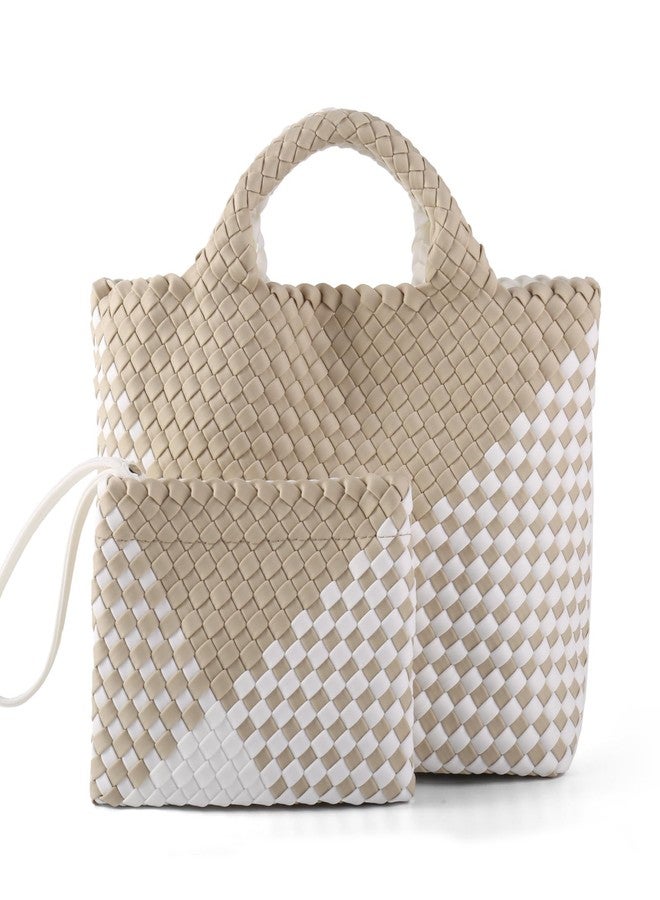 LIKEBAG Woven Bag for Women, Neoprene Tote Bag Summer Beach Handbag Purse Retro Handmade Travel Shoulder Bag Set (Apricot) - Image 1
