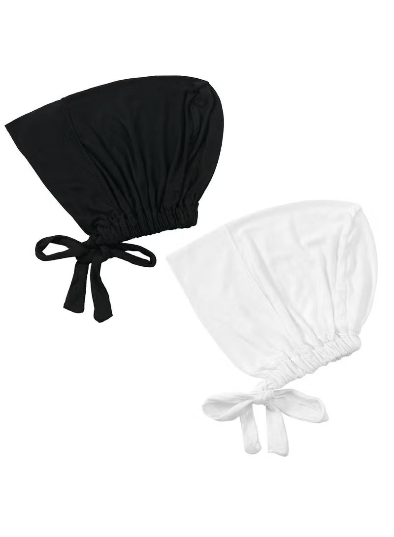 حجاب نسائي تحت القبعة مع رباط للإغلاق، عبوة من قطعتين، وشاح رأس إسلامي، أسود وأبيض - Image 2