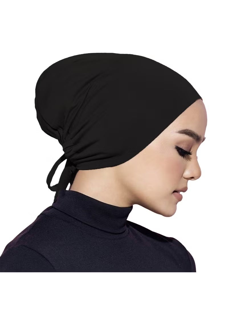 حجاب نسائي تحت القبعة مع رباط للإغلاق، عبوة من قطعتين، وشاح رأس إسلامي، أسود وأبيض - Image 3