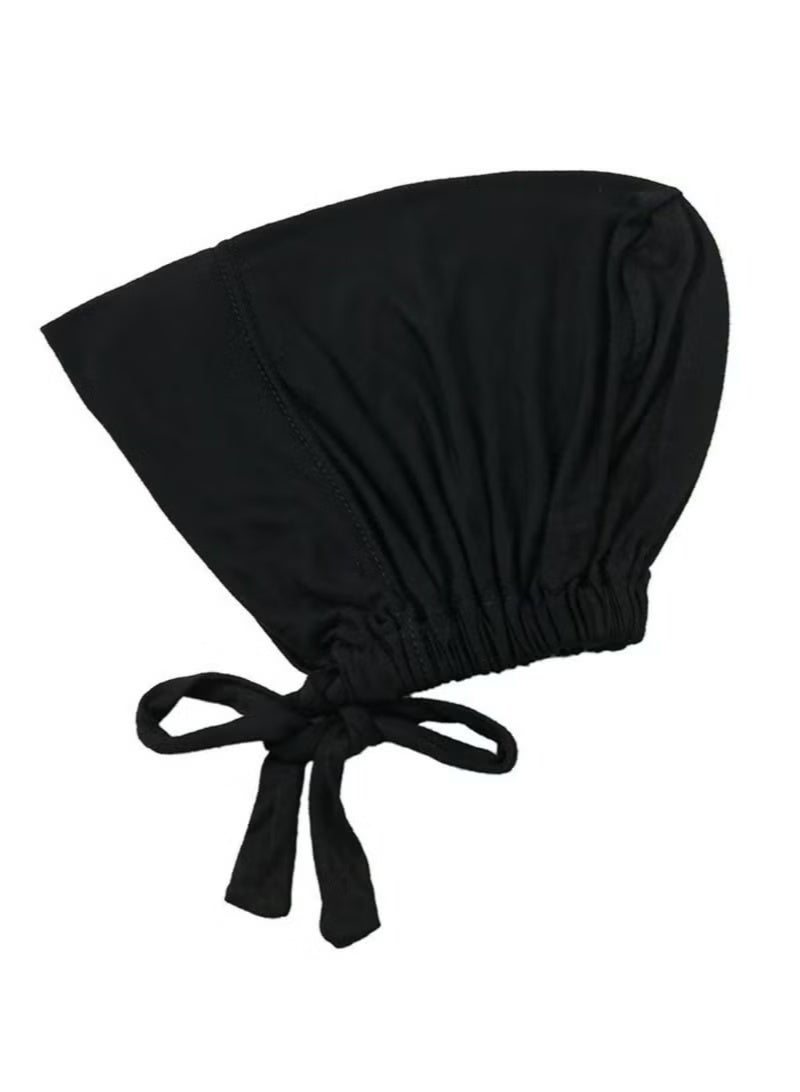 حجاب نسائي تحت القبعة مع رباط للإغلاق، عبوة من قطعتين، وشاح رأس إسلامي، أسود وأبيض - Image 4