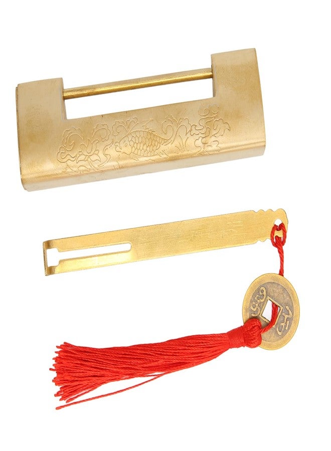 Asixxsix Antique Padlock, Brass Carved Chinese Old Padlock with Key, Vintage Decorative Exquisite Brass Fish Horizontal Padlock for Jewelry Box, Cabinet, Antique Wooden Box, Home - Image 1