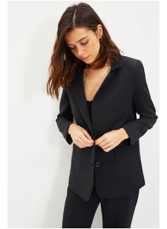 Black Regular Lined, Woven Blazer with Buttons TWOAW22CE0046