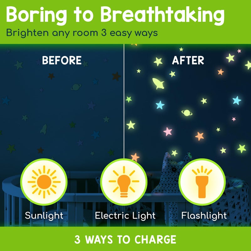 BUNMO 280 Piece Glow in The Dark Stars & Planets Wall Decals for Kids Room Decor - Quiet Activities to Explore & Play - Interactive Room Decor Encourage Imaginative & Visual Play - Image 3