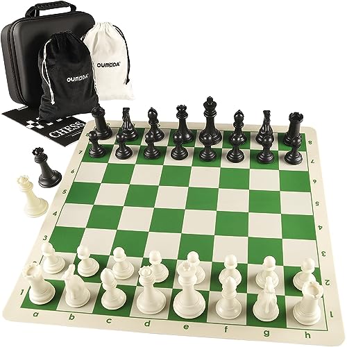 OUMODA 4" King Tournament Chess Set Foldable 20" Silicone Chess Board Mat with 2.2" Squares Green Color, Weighted Chess Pieces- 2 Extra Queens, Carrying Case for Storage and Travel - Image 1