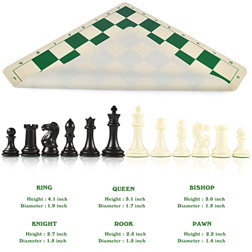 OUMODA 4" King Tournament Chess Set Foldable 20" Silicone Chess Board Mat with 2.2" Squares Green Color, Weighted Chess Pieces- 2 Extra Queens, Carrying Case for Storage and Travel - Image 5