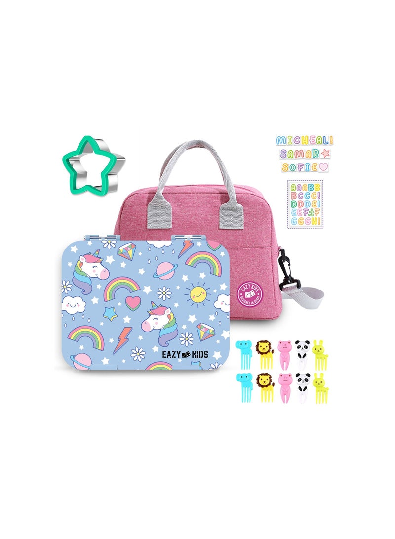 Eazy Kids Eazy Kids Unicorn 4 Compartment Bento Lunch Box w/ Lunch Bag-Pink  - Image 1