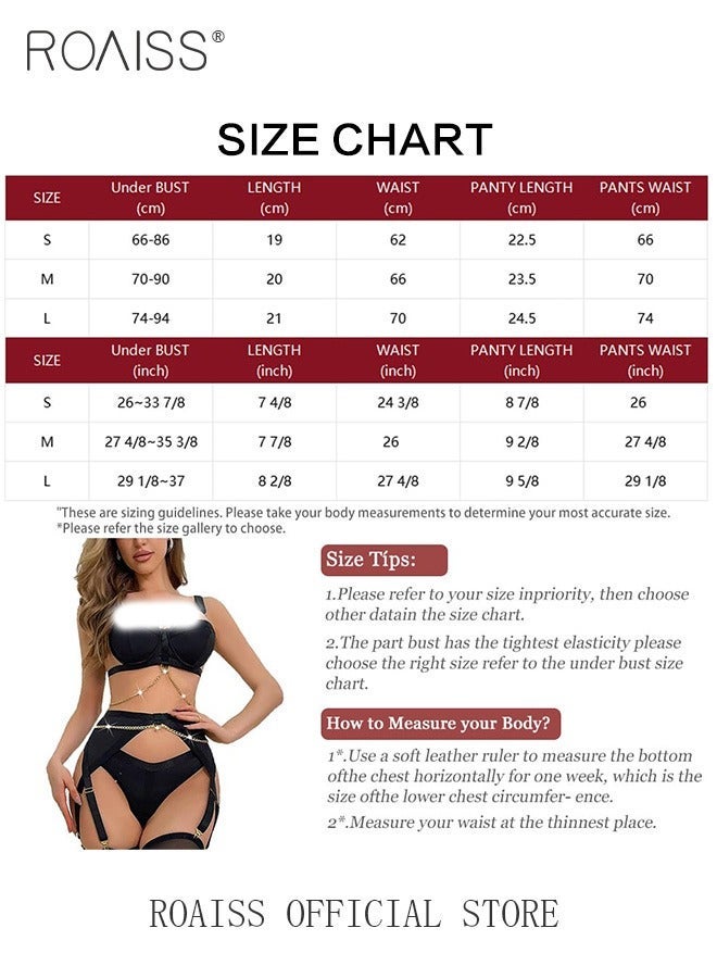 roaiss Intertwined Stitching Lingerie Sets for Women Slim Fit Underwire Bra and Panty Underwear Suit with Mesh Garter Ladies Black Hollow out Babydoll Bodysuit Set with Chain for Adults - Image 2