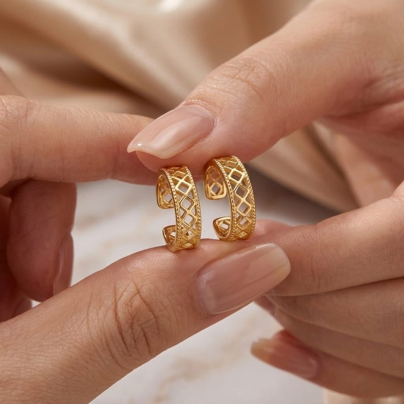 These elegant gold earrings feature a unique, openwork design for a modern look, giving you a stylish and distinctive appearance. They require no ear piercing for easy wear and all-day comfort. - Image 4
