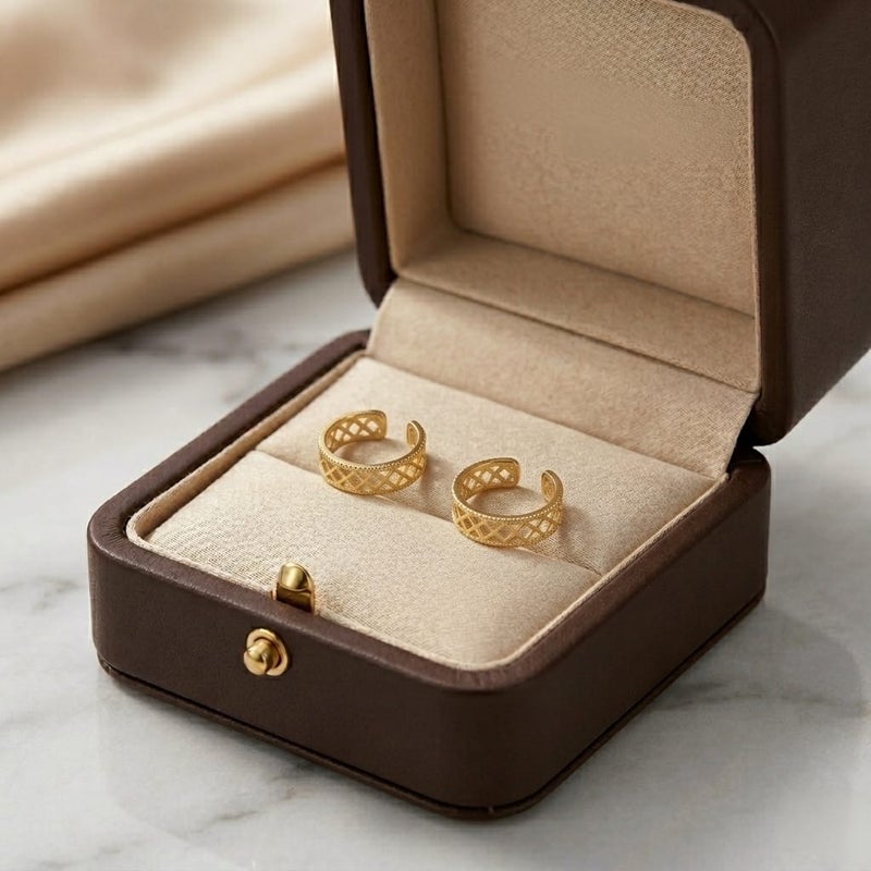 These elegant gold earrings feature a unique, openwork design for a modern look, giving you a stylish and distinctive appearance. They require no ear piercing for easy wear and all-day comfort. - Image 5