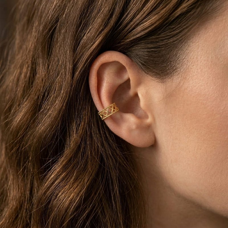These elegant gold earrings feature a unique, openwork design for a modern look, giving you a stylish and distinctive appearance. They require no ear piercing for easy wear and all-day comfort. - Image 3