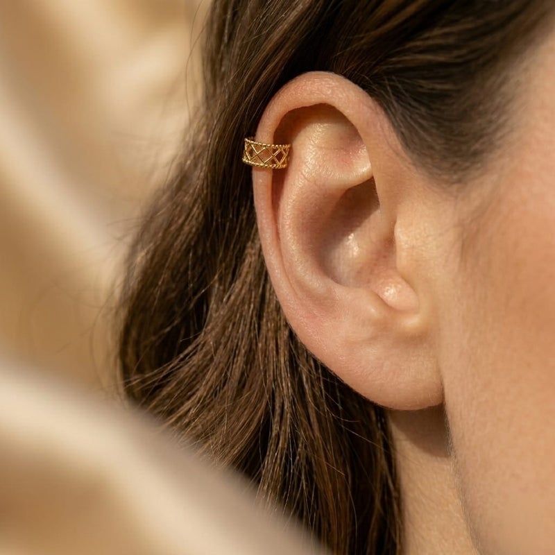These elegant gold earrings feature a unique, openwork design for a modern look, giving you a stylish and distinctive appearance. They require no ear piercing for easy wear and all-day comfort. - Image 2