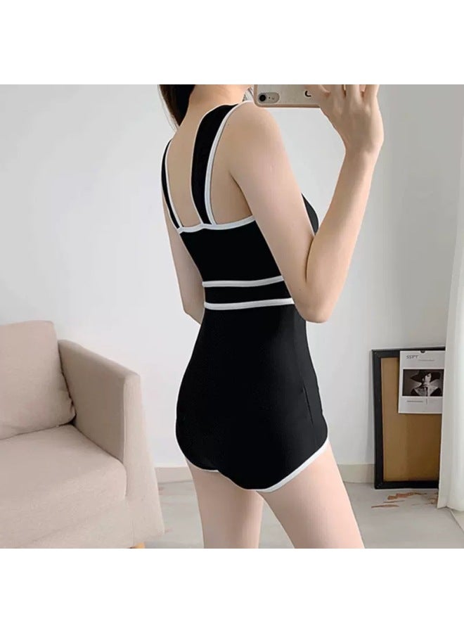 Loquat One-piece Triangle Swimsuit Women's Hot Spring 2023 Black Conservative Small Chest Push-up Slim Belly Covering High-end Swimsuit-Color:Black- - Image 3