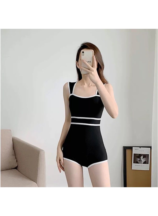 Loquat One-piece Triangle Swimsuit Women's Hot Spring 2023 Black Conservative Small Chest Push-up Slim Belly Covering High-end Swimsuit-Color:Black- - Image 1