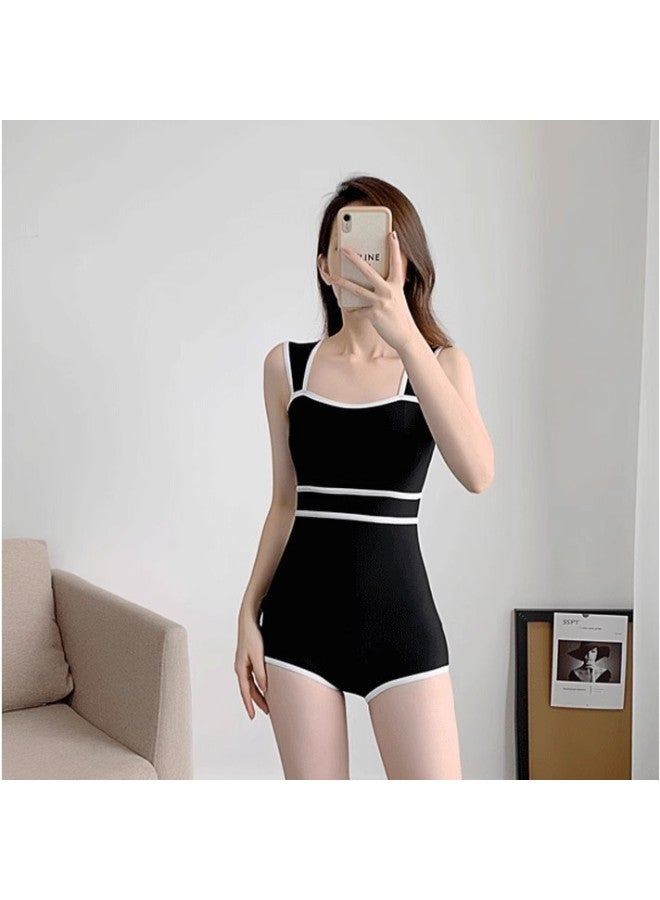 Loquat One-piece Triangle Swimsuit Women's Hot Spring 2023 Black Conservative Small Chest Push-up Slim Belly Covering High-end Swimsuit-Color:Black- - Image 2