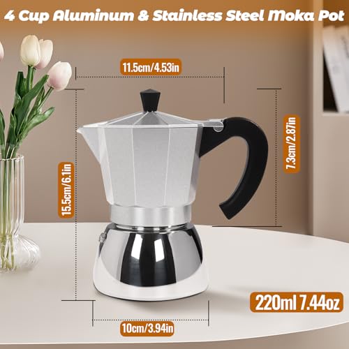 Vaolvpant No Coating 4 Cup Aluminum and Stainless Steel Moka Pot Stovetop Espresso Maker Italian Coffee Machine 220ml 7.44oz Suitable for Gas Induction Stovetop Greca Coffee Maker Percolator Silver - Image 2