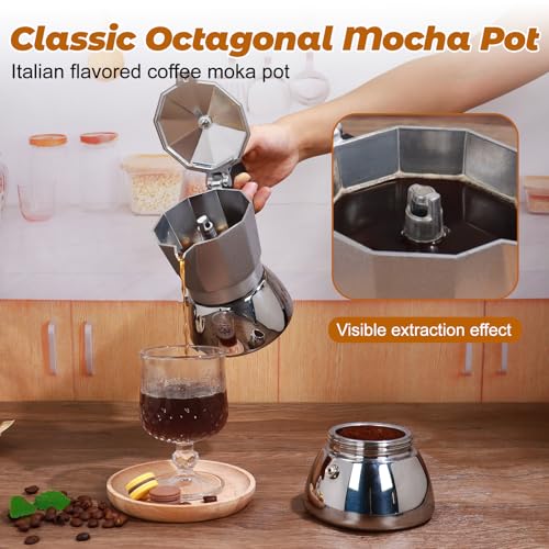 Vaolvpant No Coating 4 Cup Aluminum and Stainless Steel Moka Pot Stovetop Espresso Maker Italian Coffee Machine 220ml 7.44oz Suitable for Gas Induction Stovetop Greca Coffee Maker Percolator Silver - Image 4
