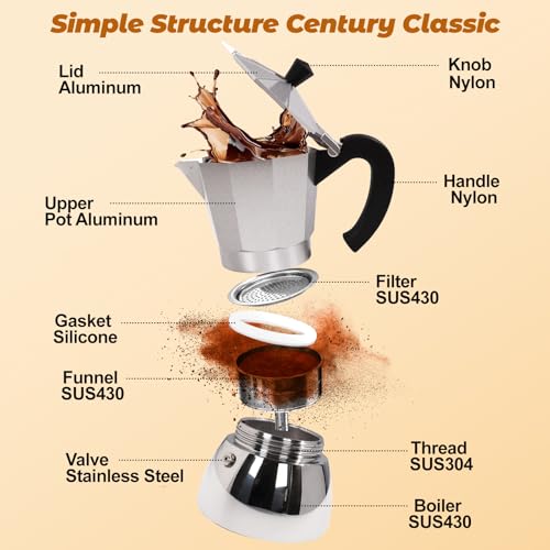 Vaolvpant No Coating 4 Cup Aluminum and Stainless Steel Moka Pot Stovetop Espresso Maker Italian Coffee Machine 220ml 7.44oz Suitable for Gas Induction Stovetop Greca Coffee Maker Percolator Silver - Image 3