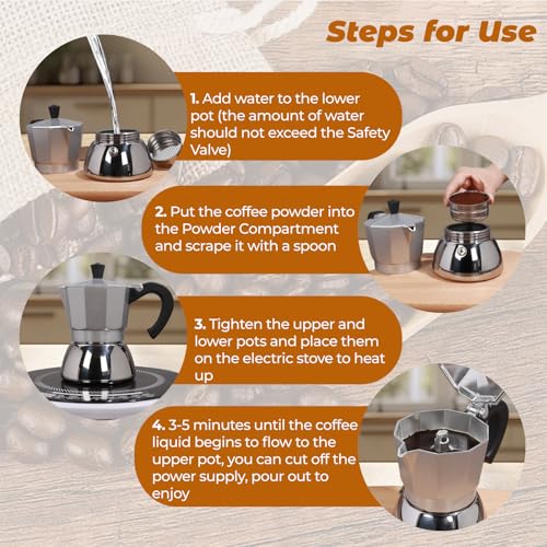 Vaolvpant No Coating 4 Cup Aluminum and Stainless Steel Moka Pot Stovetop Espresso Maker Italian Coffee Machine 220ml 7.44oz Suitable for Gas Induction Stovetop Greca Coffee Maker Percolator Silver - Image 5