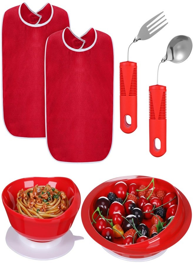 Jeere 6 Pcs Adaptive Utensil with Bib Bowl Plate Set Weight Cutlery Gift for Elderly Disabled Hand Arthritis Parkinson(Red) - Image 1