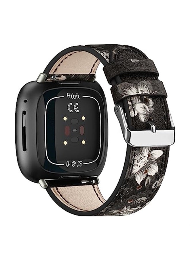Meliya Leather Bands Compatible with Fitbit Versa 4 Bands/Fitbit Versa 3 Bands/Sense 2 Bands/Fitbit Sense Watch Bands for Women Men, Classic Genuine Leather Wristband Straps (Grey Flower) - Image 2