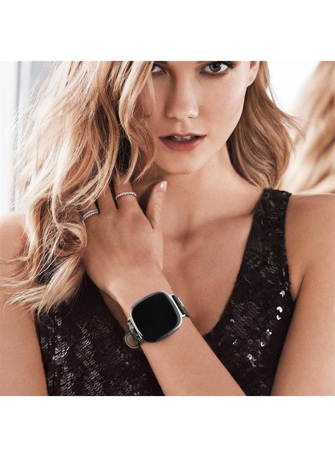 Meliya Leather Bands Compatible with Fitbit Versa 4 Bands/Fitbit Versa 3 Bands/Sense 2 Bands/Fitbit Sense Watch Bands for Women Men, Classic Genuine Leather Wristband Straps (Grey Flower) - Image 1