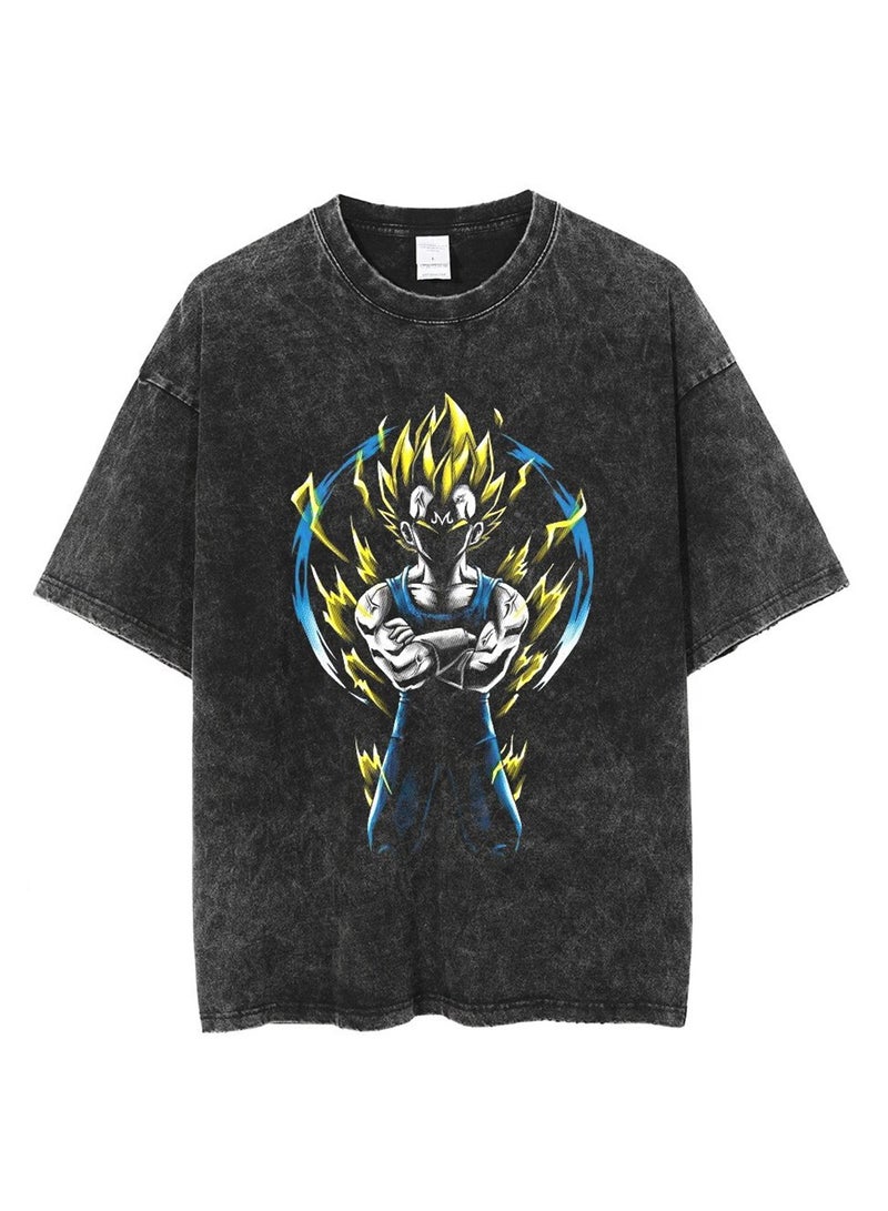 Washed Retro T-shirt Street Hip Hop Anime Dragon Ball Cartoon Print Casual Cotton Summer Short Sleeve - Image 1