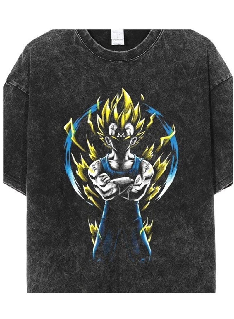 Washed Retro T-shirt Street Hip Hop Anime Dragon Ball Cartoon Print Casual Cotton Summer Short Sleeve - Image 4