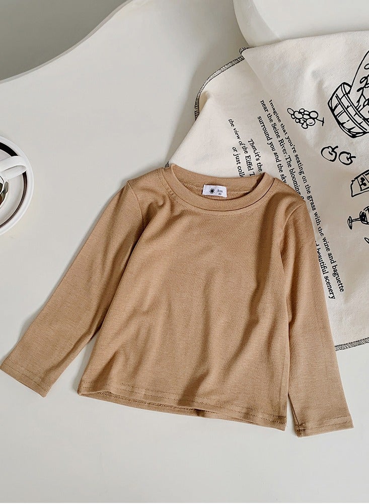 Loquat Kid's Solid Color Crew Neck Long Sleeve Tees Cotton Basic Base T-Shirt Brown 