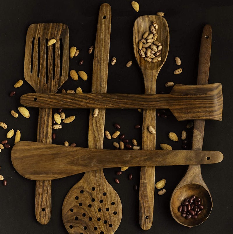 Rolimoli Handmade Wooden Serving and Cooking Spoon Kitchen Utensil Set of 7 - Image 1