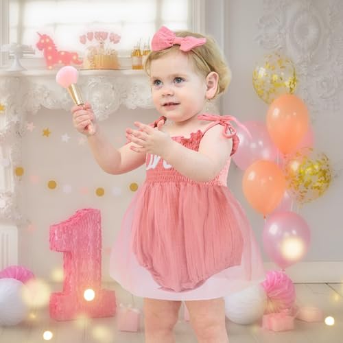 HONGTEYA Baby Girl 1st Birthday Outfit Girl First Birthday Clothes One Year Old Gifts Lace Romper Tulle Summer Newborn Dress (US, Age, 12 Months, 18 Months, Lotus Pink) - Image 2