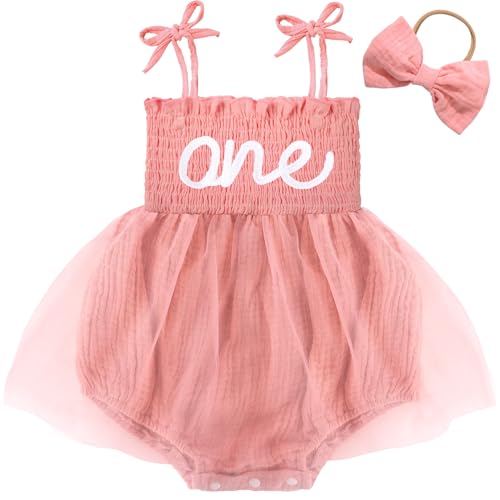 HONGTEYA Baby Girl 1st Birthday Outfit Girl First Birthday Clothes One Year Old Gifts Lace Romper Tulle Summer Newborn Dress (US, Age, 12 Months, 18 Months, Lotus Pink) - Image 1