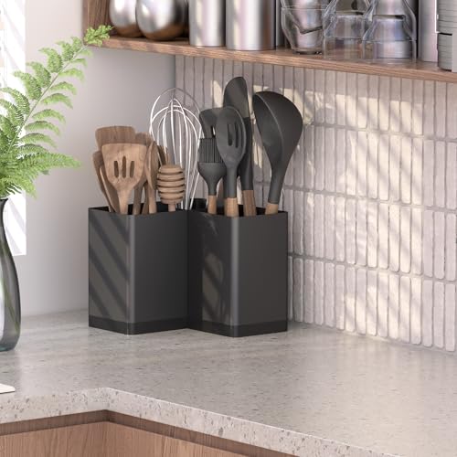 Suli Utensil holder, Kitchen Utensil Organizer for Corner Countertop,Extra Large Silverware Organizer with 3 Compartments,Farmhouse Decor, Iron, Black - Image 4