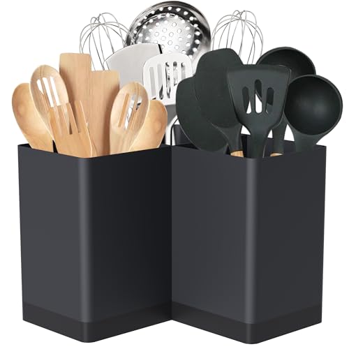 Suli Utensil holder, Kitchen Utensil Organizer for Corner Countertop,Extra Large Silverware Organizer with 3 Compartments,Farmhouse Decor, Iron, Black - Image 1