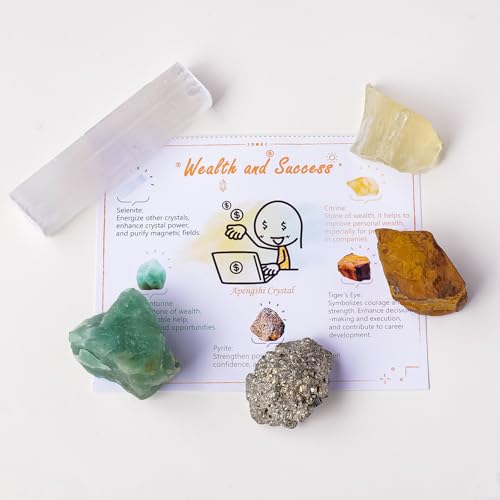 Apengshi Protection Crystals Stones Set for Wealth and Success,Crystal Set of 5 Pieces Stone,Citrine,Tiger's Eye,Pyrite,Green Aventurine and Selenite Healing Crystal Stones Pyrite Crystal - Image 3