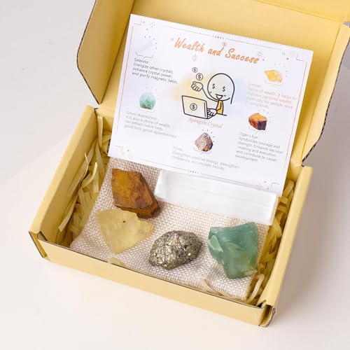 Apengshi Protection Crystals Stones Set for Wealth and Success,Crystal Set of 5 Pieces Stone,Citrine,Tiger's Eye,Pyrite,Green Aventurine and Selenite Healing Crystal Stones Pyrite Crystal - Image 4