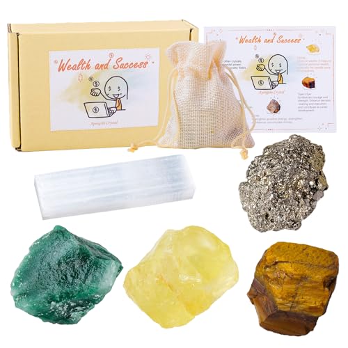 Apengshi Protection Crystals Stones Set for Wealth and Success,Crystal Set of 5 Pieces Stone,Citrine,Tiger's Eye,Pyrite,Green Aventurine and Selenite Healing Crystal Stones Pyrite Crystal - Image 1