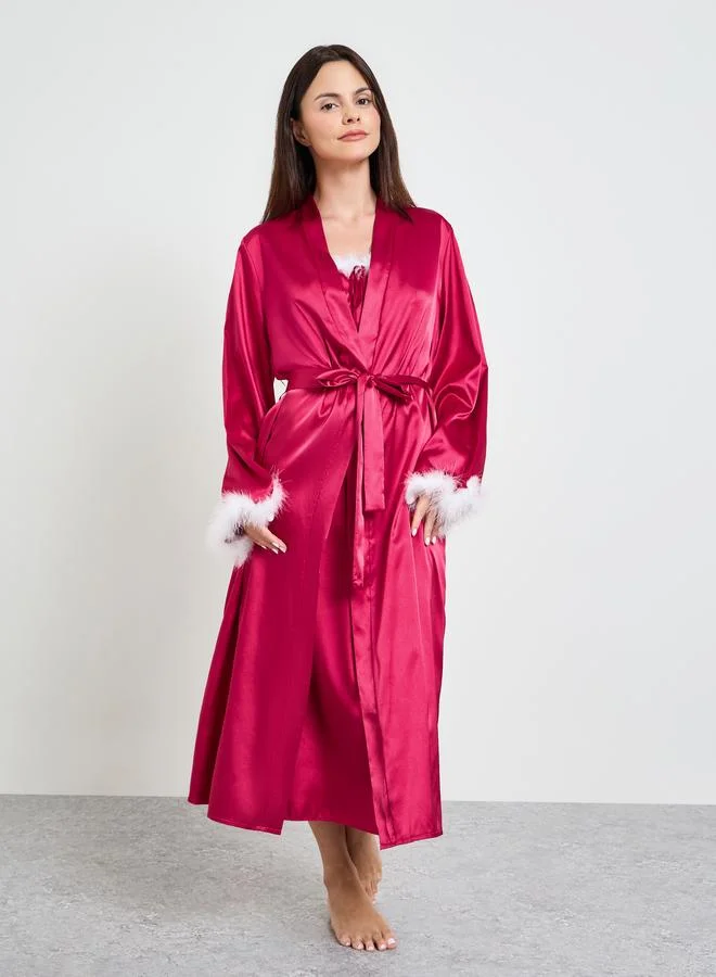 تايك تو Burgundy Satin Faux Fur Trim Robe And Slip Set