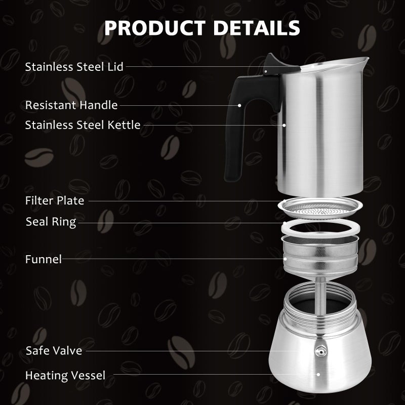 VONATES Stovetop Espresso Maker Stainless Steel Moka Pot, 9 cup Espresso Coffee Pots 450ml/15oz(Espresso Cup=50ml)/1.7oz, Italian Coffee Maker for Induction Cookers Hobs, Cafe Maker for Camping Home - Image 2
