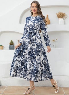 Elegant style Round neck Flowers Belt Regular sleeve Long Dresses Blue - pzsku/Z547C8FB299F3B0CB3660Z/45/_/1735292704/a99a852a-4e04-4482-9c7d-d104742a519c