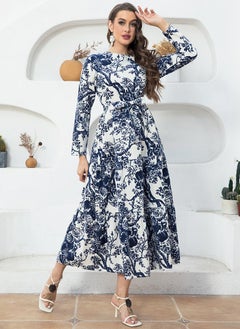 Elegant style Round neck Flowers Belt Regular sleeve Long Dresses Blue - pzsku/Z547C8FB299F3B0CB3660Z/45/_/1735292851/9edd42dc-2d8a-4693-8ff7-dfdac3bac4ab