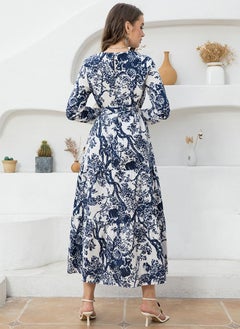 Elegant style Round neck Flowers Belt Regular sleeve Long Dresses Blue - pzsku/Z547C8FB299F3B0CB3660Z/45/_/1735292957/8078d106-a683-4f29-86e4-d1dd61fb8b1c