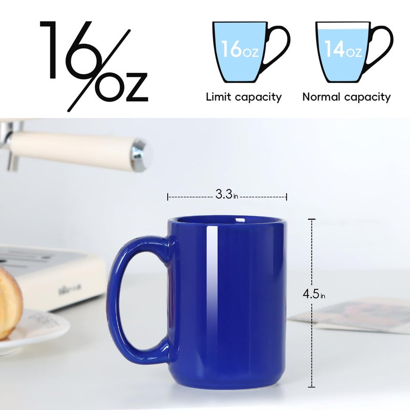 Smilatte 16 OZ Porcelain Coffee Mug, Classic Blank Ceramic Cup with Large Handle for Tea Latte Cappuccino, Blue - Image 2