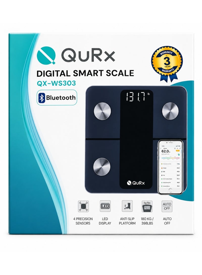 QuRx Digital Smart Scale QX-WS303 with Bluetooth | Body Weight Scale with LED Display & 180KG Capacity