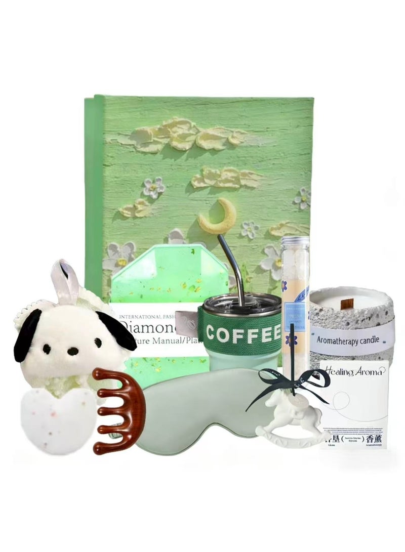 Elegant Green Daisy Aromatherapy Gift Box Set - Spring Rain Tea Scented Candle, Green Stainless Steel Mug, Pompompurin Bath Ball, Silk Eye Mask, Complete Luxury SPA Kit for Women, Perfect Ramadan & Eid Gifts, Relaxation Set with Massage Comb - Image 1